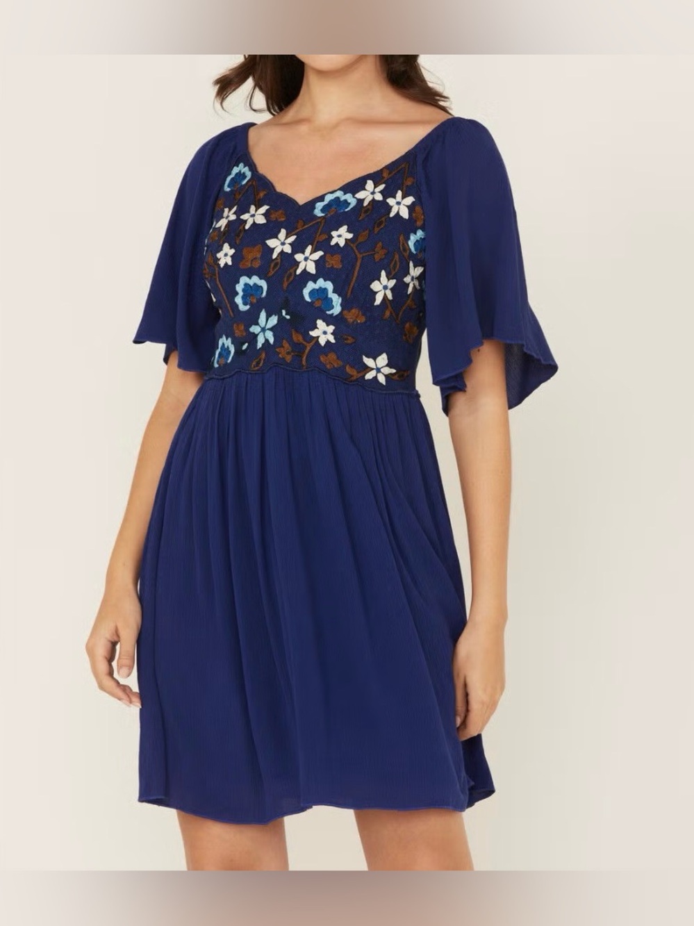 Shyanne Embroidered Crinkle Flutter Sleeve Mini Dres